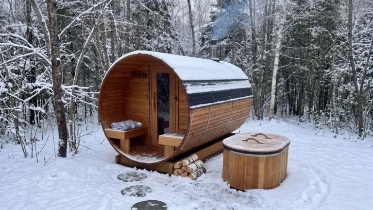 Barrel sauna in a snowy Quebec backyard, ready for a hot‑cold contrast session
