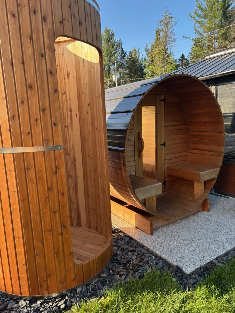 red cedar outdoor shower and sauna