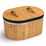 Oval cedar cold plunge tub with wooden lid and handles on a white background