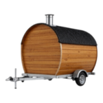 Premium mobile barrel sauna on trailer, handcrafted for Canadian winters. Perfect for events, cottages, and backyards. Delivered across Canada.