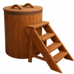 Red cedar cold plunge tub with fitted cedar lid and matching cedar steps, featuring vertical cedar panels and a round design.