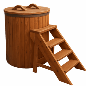 Red cedar cold plunge tub with fitted cedar lid and matching cedar steps, featuring vertical cedar panels and a round design.