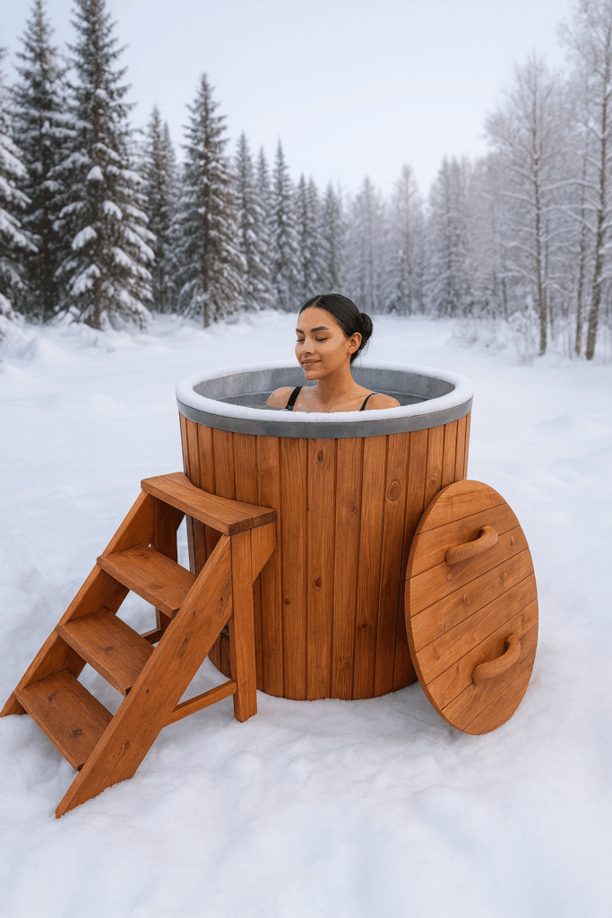 A woman with dark hair sits in a red cedar cold plunge surrounded by snow-covered trees, with cedar steps and the wooden lid placed beside the tub.