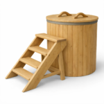 Cedar barrel cold plunge tub with wooden lid and matching cedar steps on a white background