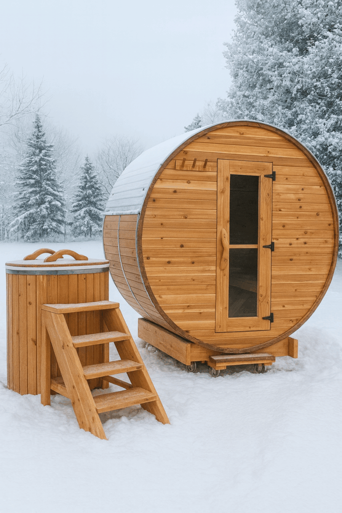 Cedar barrel sauna and matching cedar cold plunge set on a snowy winter landscape, showcasing Saunaspa’s outdoor wellness products.