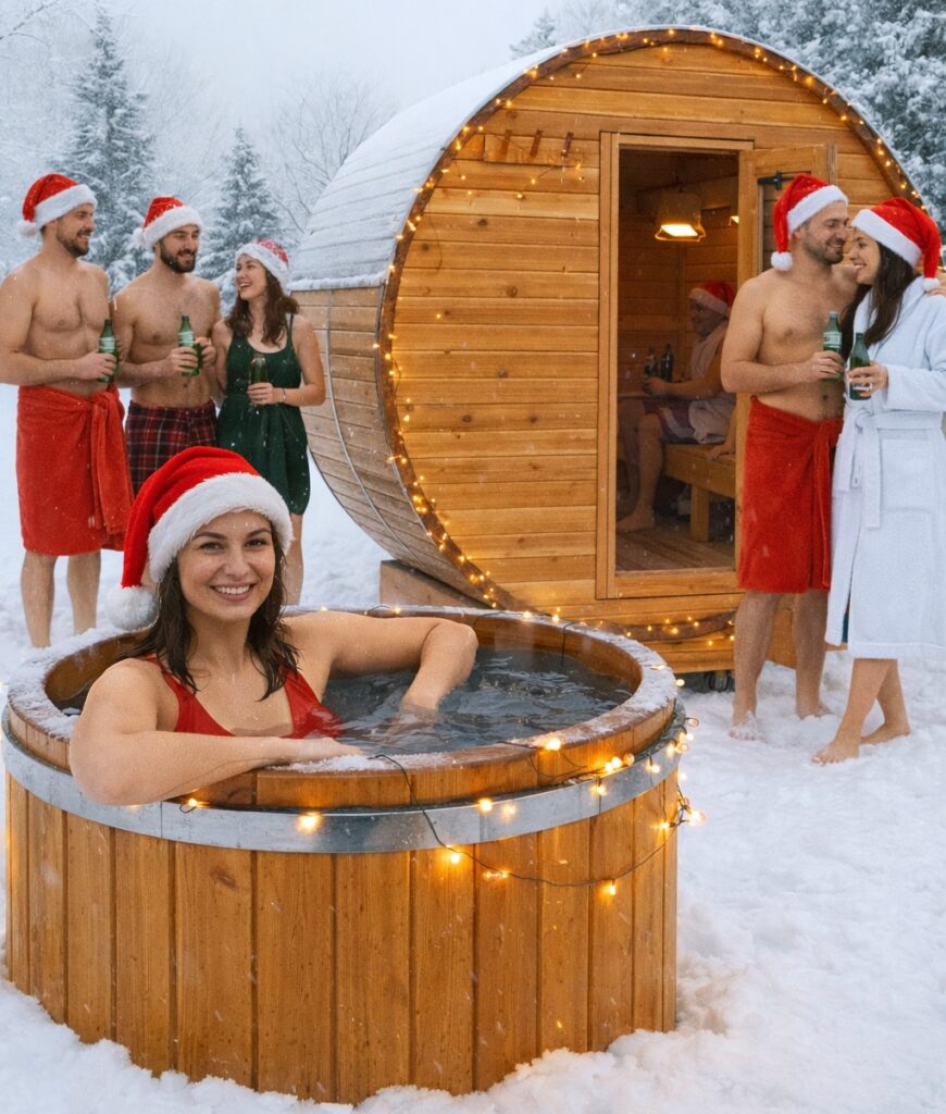 Winter holiday banner featuring a cedar barrel sauna and cold plunge in the snow with rising vapour and the text “Happy holidays / Joyeuses fêtes.”
