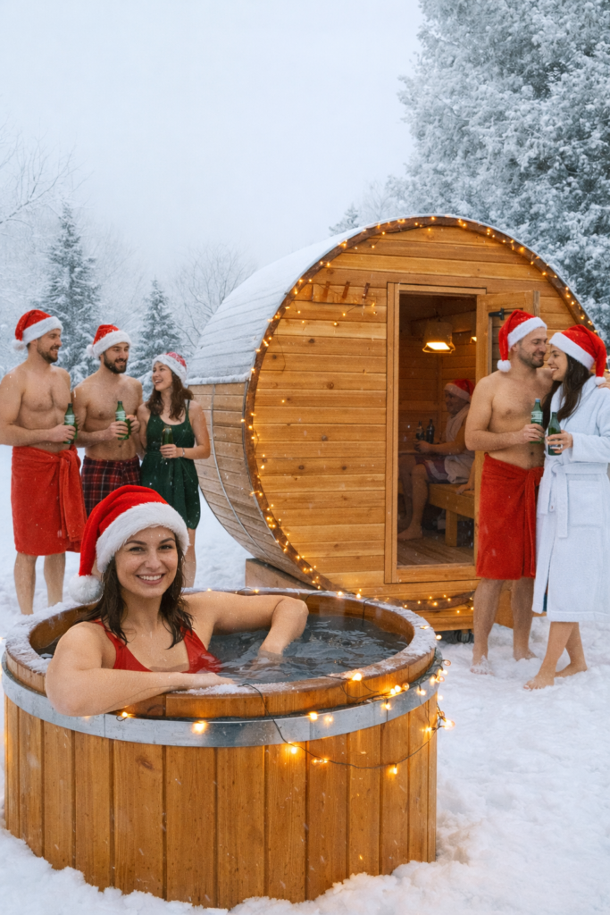 Winter holiday banner featuring a cedar barrel sauna and cold plunge in the snow with rising vapour and the text “Happy holidays / Joyeuses fêtes.”
