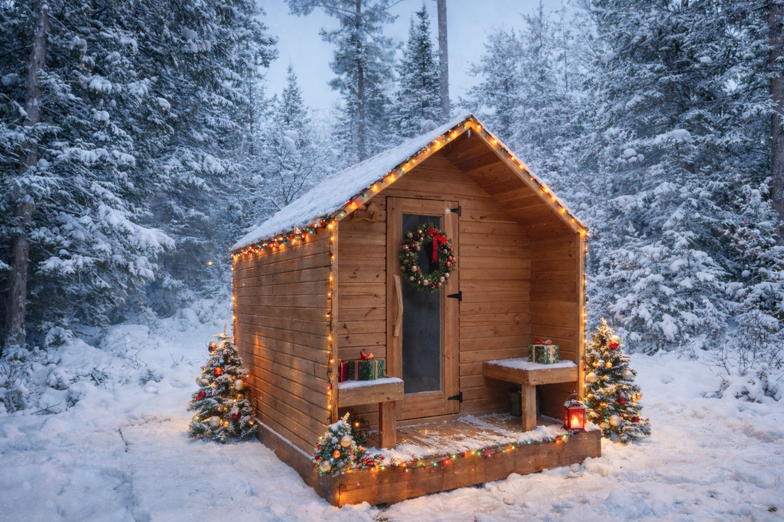 Winter holiday banner featuring a cedar barrel sauna and in the snow.
