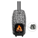 HUUM HIVE Flow Mini wood-burning sauna stove with stone basket and glass fire door, high-efficiency wood sauna heater in Canada