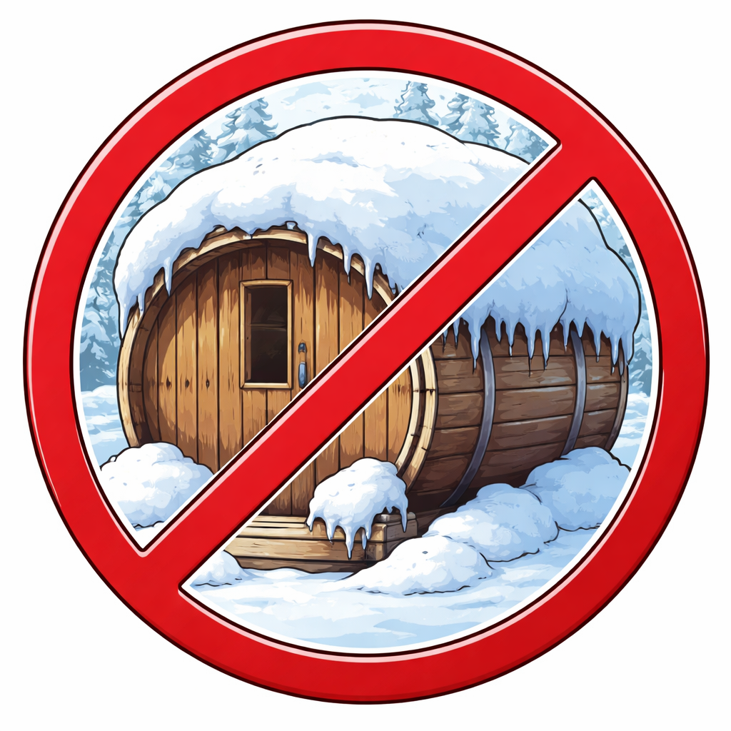 Barrel sauna covered with heavy snow and icicles inside a red crossed warning circle indicating snow must be removed from the roof