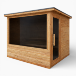 Modern outdoor sauna made from western red cedar with large tinted panoramic front window and glass door