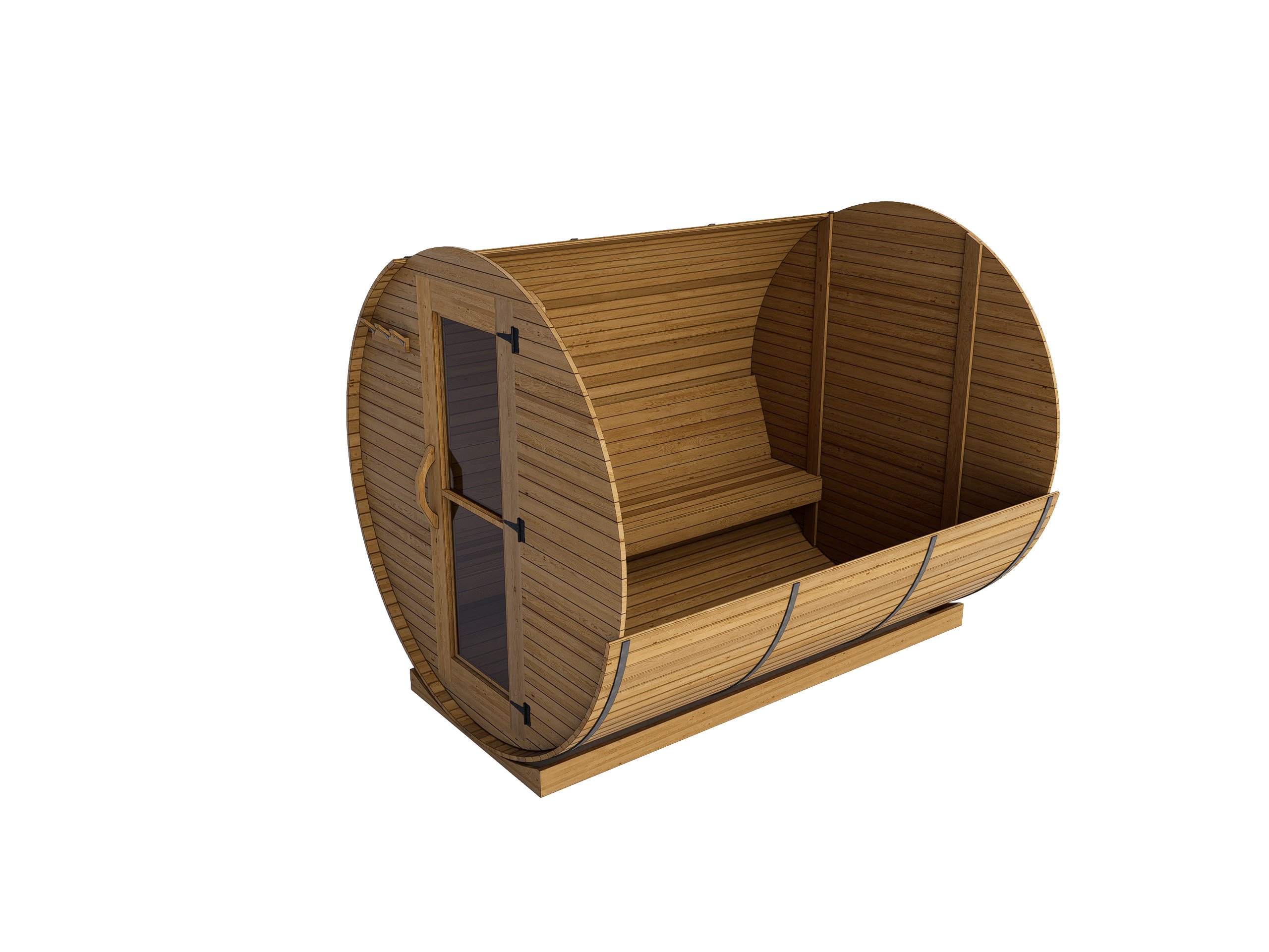 Parallel benches inside a Western Red Cedar barrel sauna
