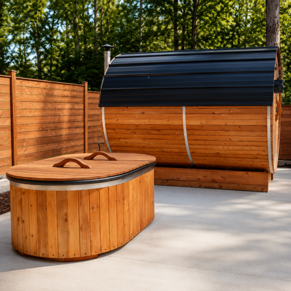 Outdoor Barrel Sauna and Cedar Cold Plunge Setup | SaunaSpa Canadian cedar barrel sauna with black metal roof and matching cedar cold plunge on a backyard patio.