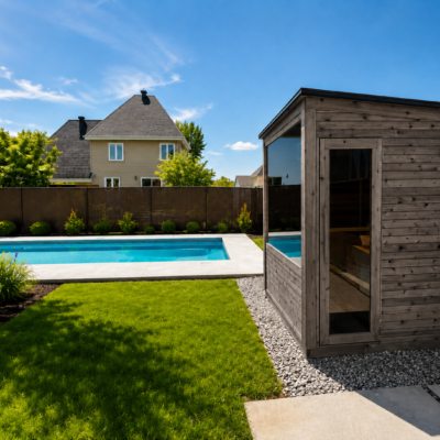 Saunaspa.ca Moderna outdoor sauna made from Western Red Cedar with a Smoke Grey stain, large glass panels and modern design beside a backyard swimming pool.