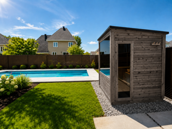 Saunaspa.ca Moderna outdoor sauna made from Western Red Cedar with a Smoke Grey stain, large glass panels and modern design beside a backyard swimming pool.