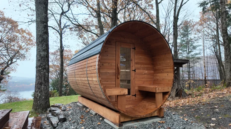 Barrel sauna in a Canadian backyard providing natural ventilation