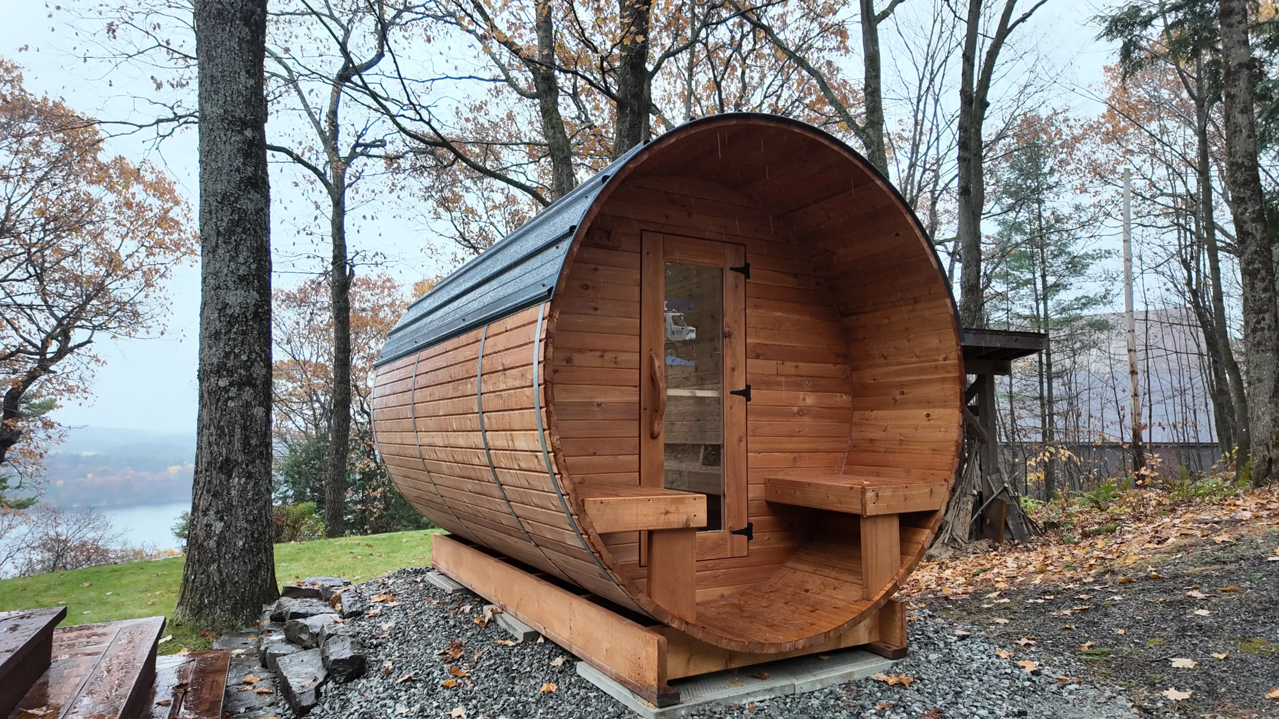 Barrel sauna in a Canadian backyard providing natural ventilation