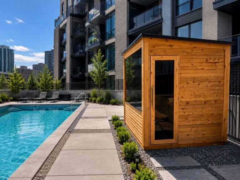 Modern apartment courtyard with a rectangular pool, lounge chairs, and a wooden sauna beside the water, under a blue sky.