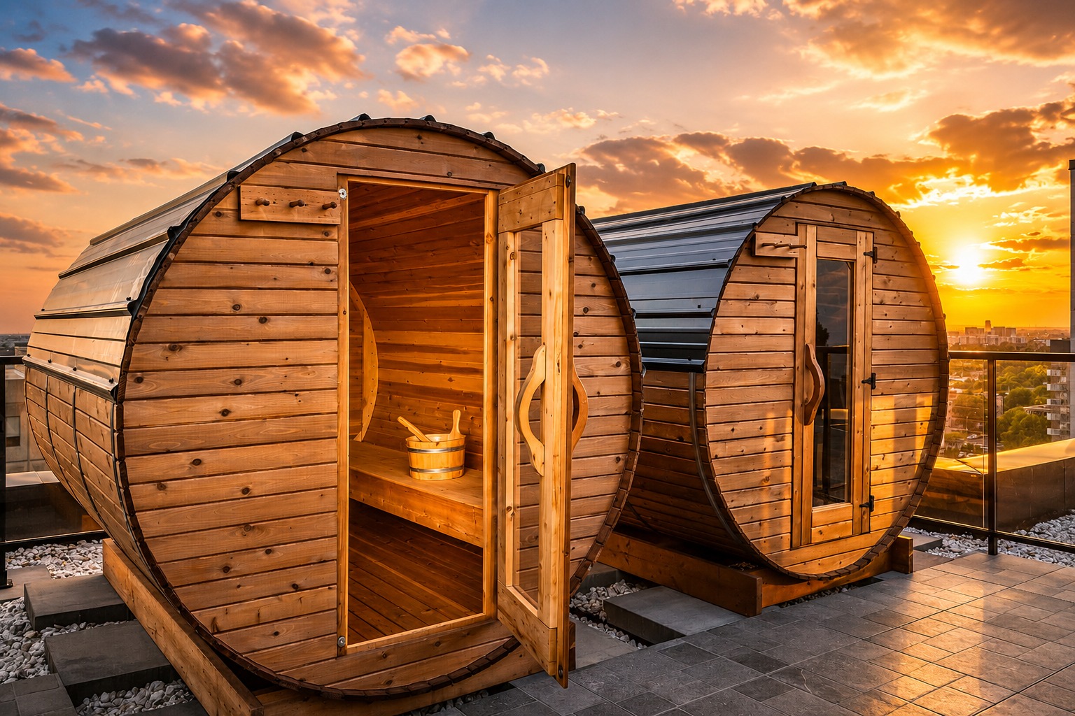 Metal roof protecting an outdoor barrel sauna in Canada