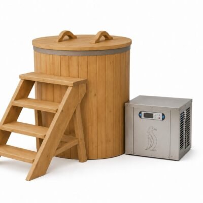 Barrel cold plunge with Penguin chiller kit for outdoor cold therapy