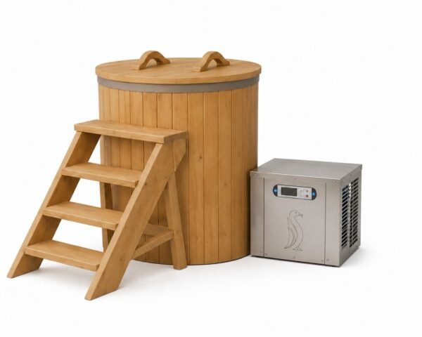Barrel cold plunge with Penguin chiller kit for outdoor cold therapy