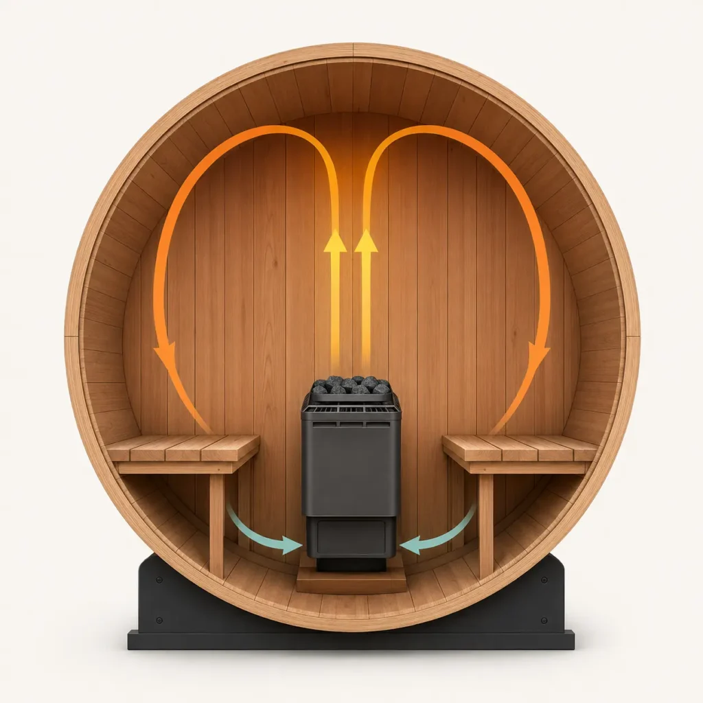 Diagram showing hot air rising and circulating inside a barrel sauna