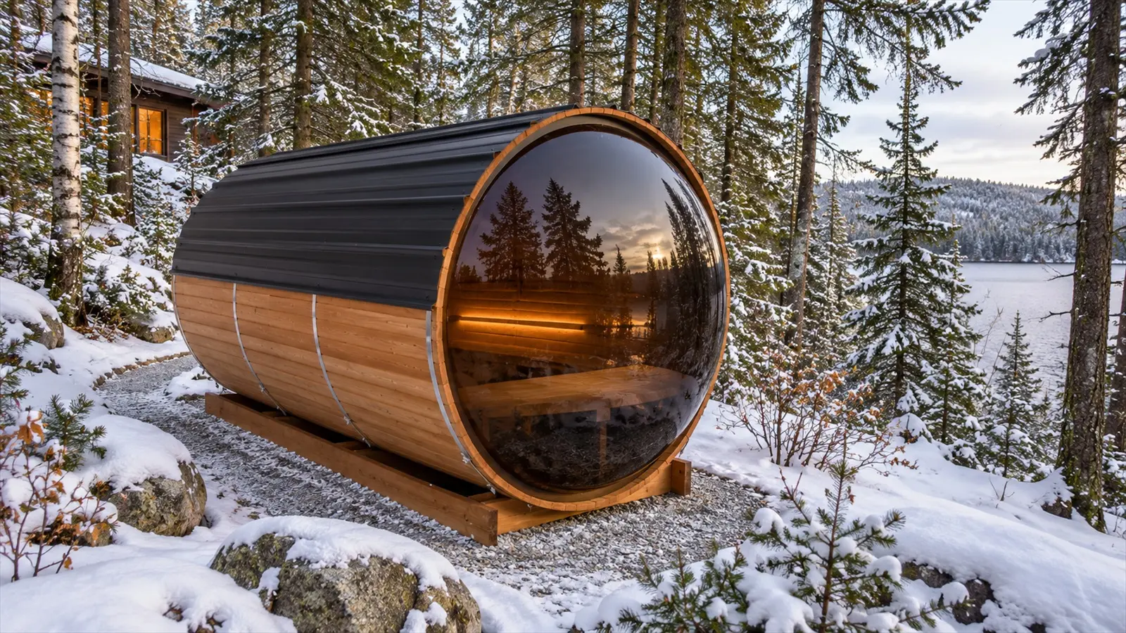 lac-superieur-sauna-featured | SaunaSpa Panoramic SaunaSpa barrel sauna in a snowy wooded Laurentians setting