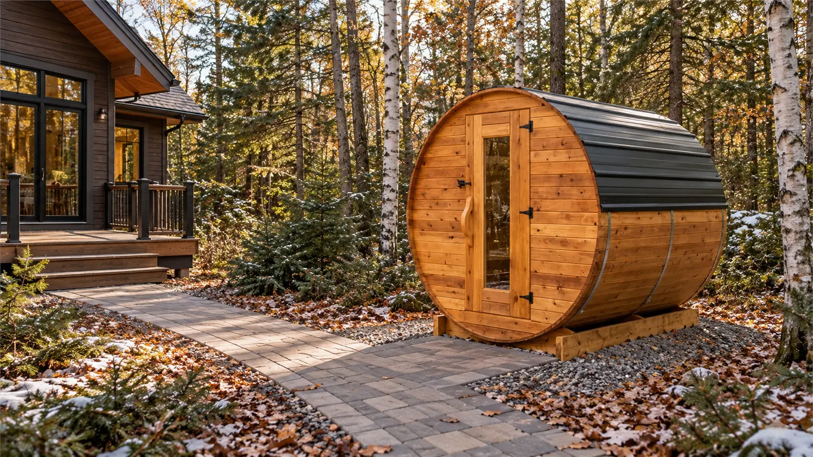 SaunaSpa cedar barrel sauna beside a chalet in a wooded Quebec setting
