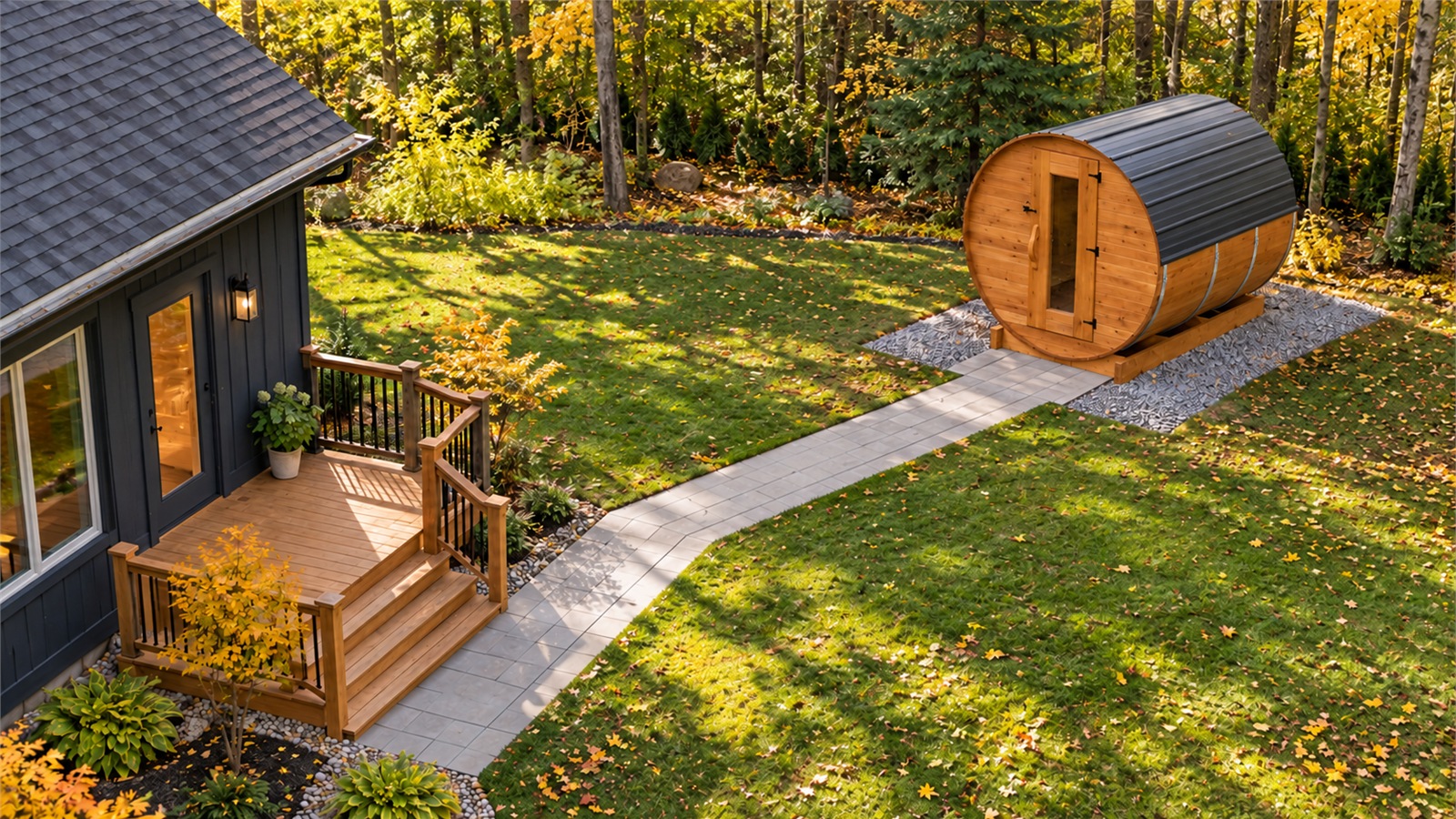 SaunaSpa cedar barrel sauna installed on a prepared gravel foundation with wooden supports