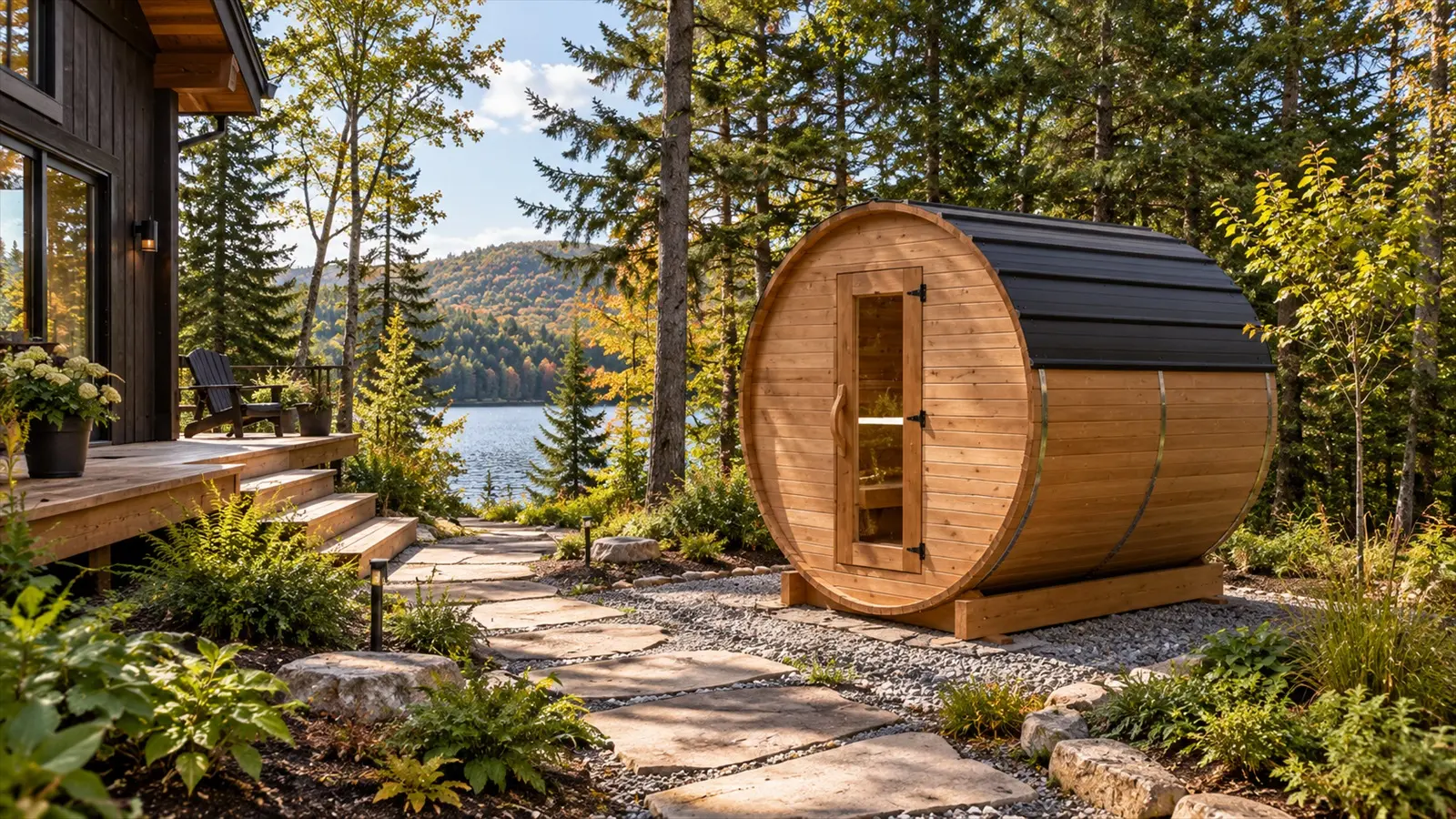 saint-donat-sauna-featured | SaunaSpa SaunaSpa barrel sauna beside a chalet on a wooded lake property in Quebec