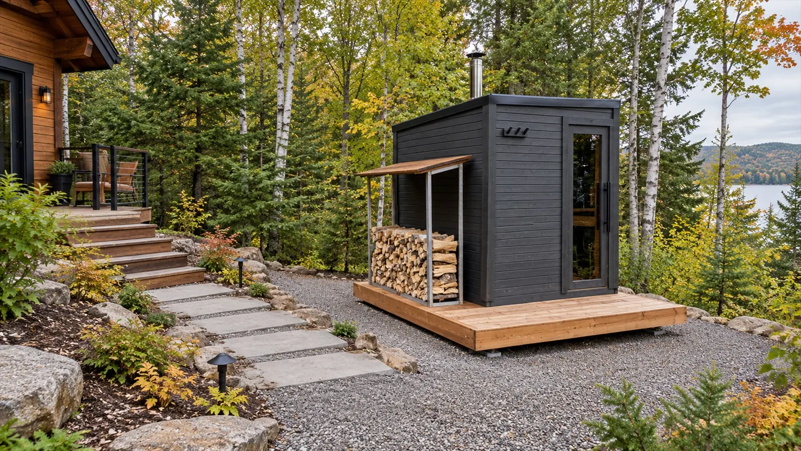 Dark SaunaSpa sauna on a level timber platform with a prepared gravel base and chalet access