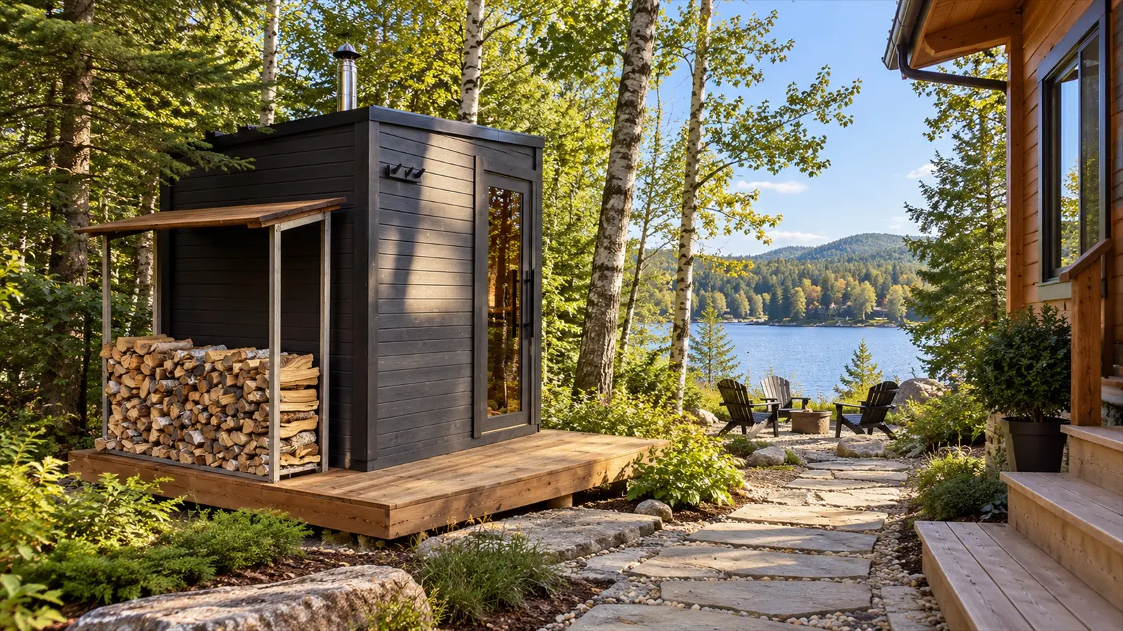 sainte-agathe-des-monts-sauna-featured | SaunaSpa Dark SaunaSpa outdoor sauna beside a chalet overlooking a Laurentians lake