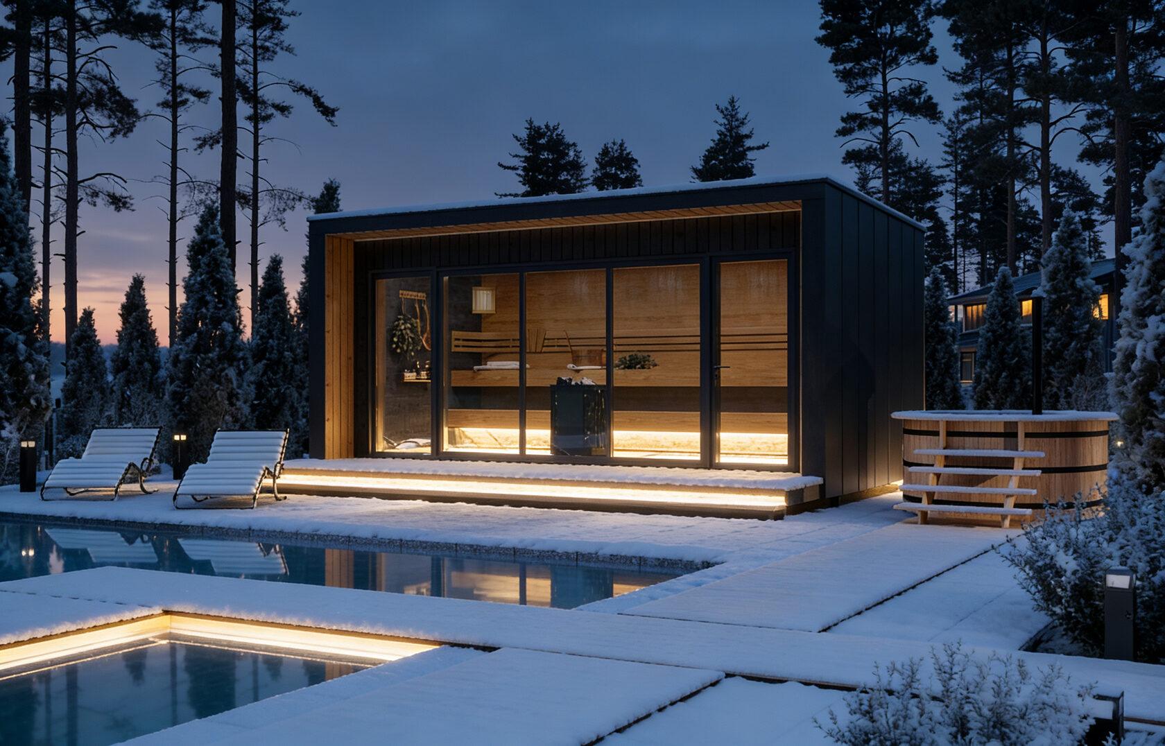 Sauna extérieur en bois entièrement assemblé à côté d’un pavillon vitré chauffé dans un jardin enneigé