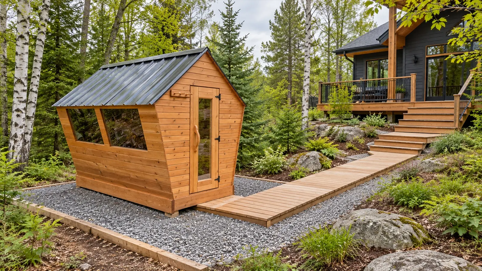 SaunaSpa Birdhouse sauna installed on a gravel pad with an accessible path from the house